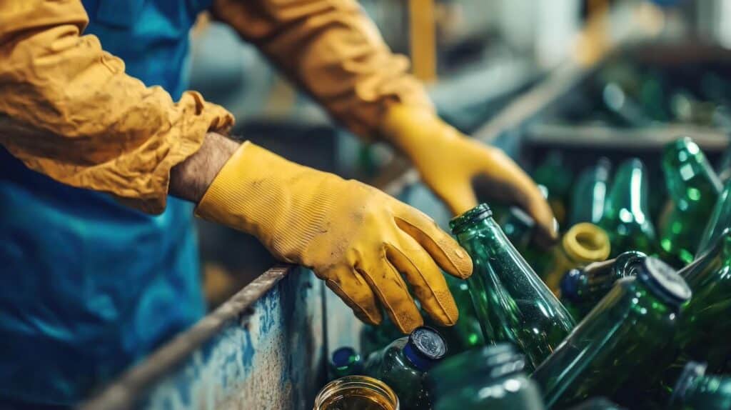 Ouvrier triant des bouteilles en verre avec des gants de protection