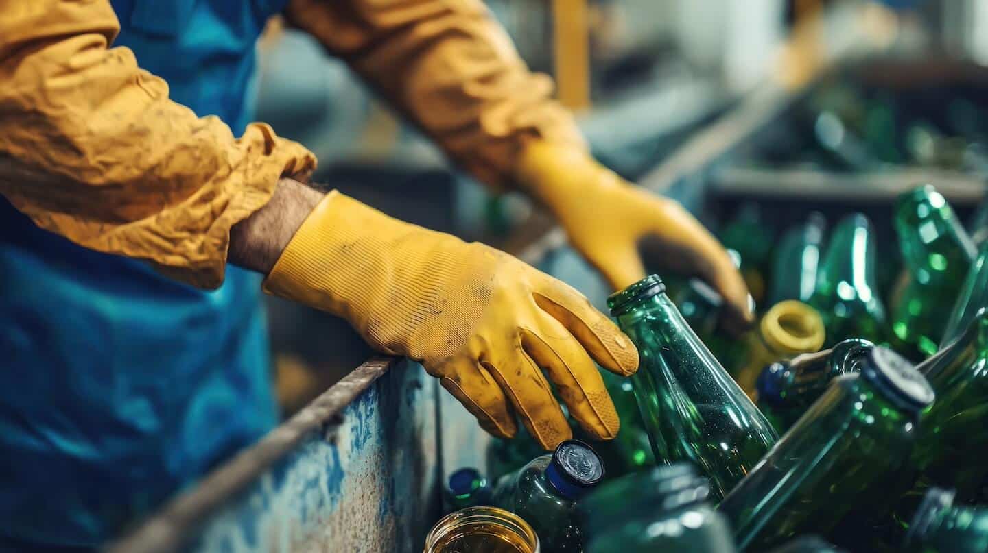 Ouvrier triant des bouteilles en verre avec des gants de protection