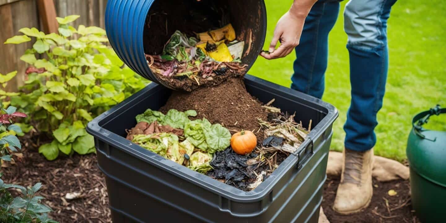 Personne créant du compost dans son jardin avec ses biodéchets