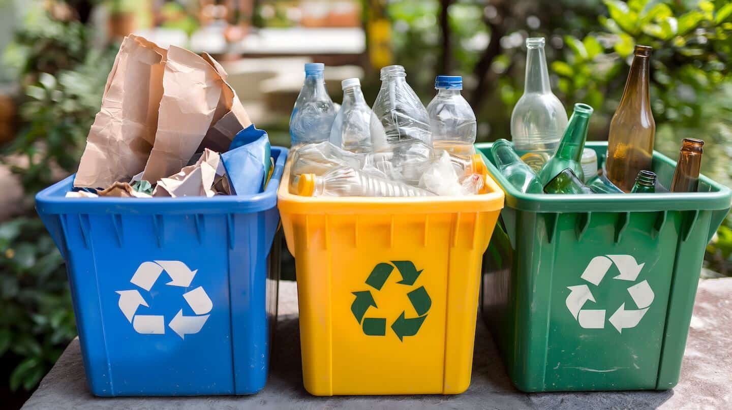 Poubelles de tri bleu jaune et vert avec du plastique, du carton et du verre