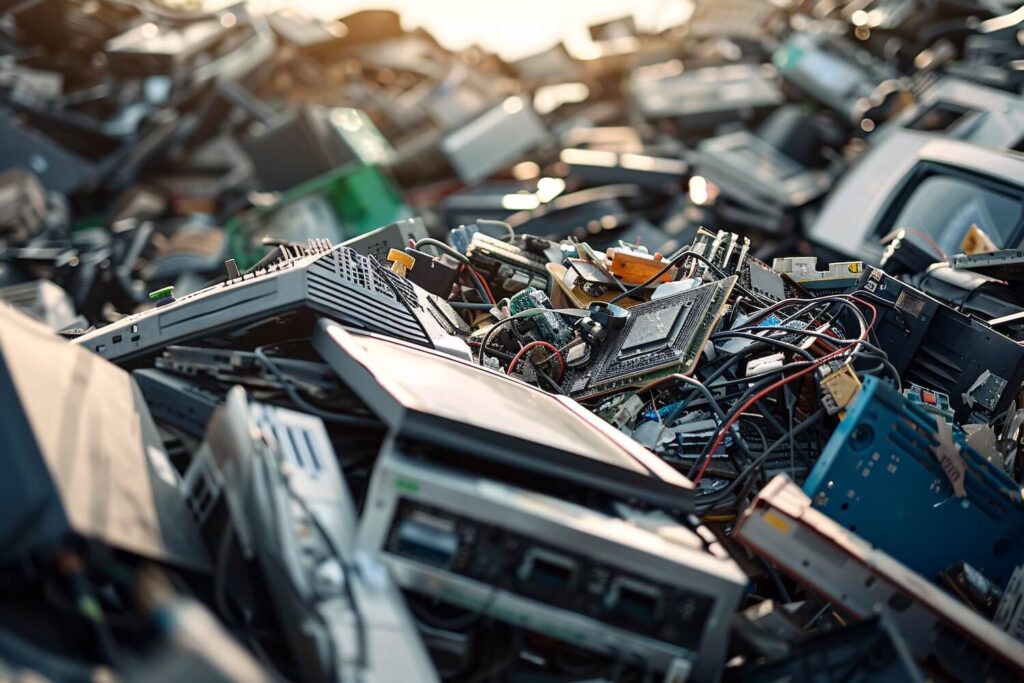 Tas de déchets électriques et électroniques dans une décharge