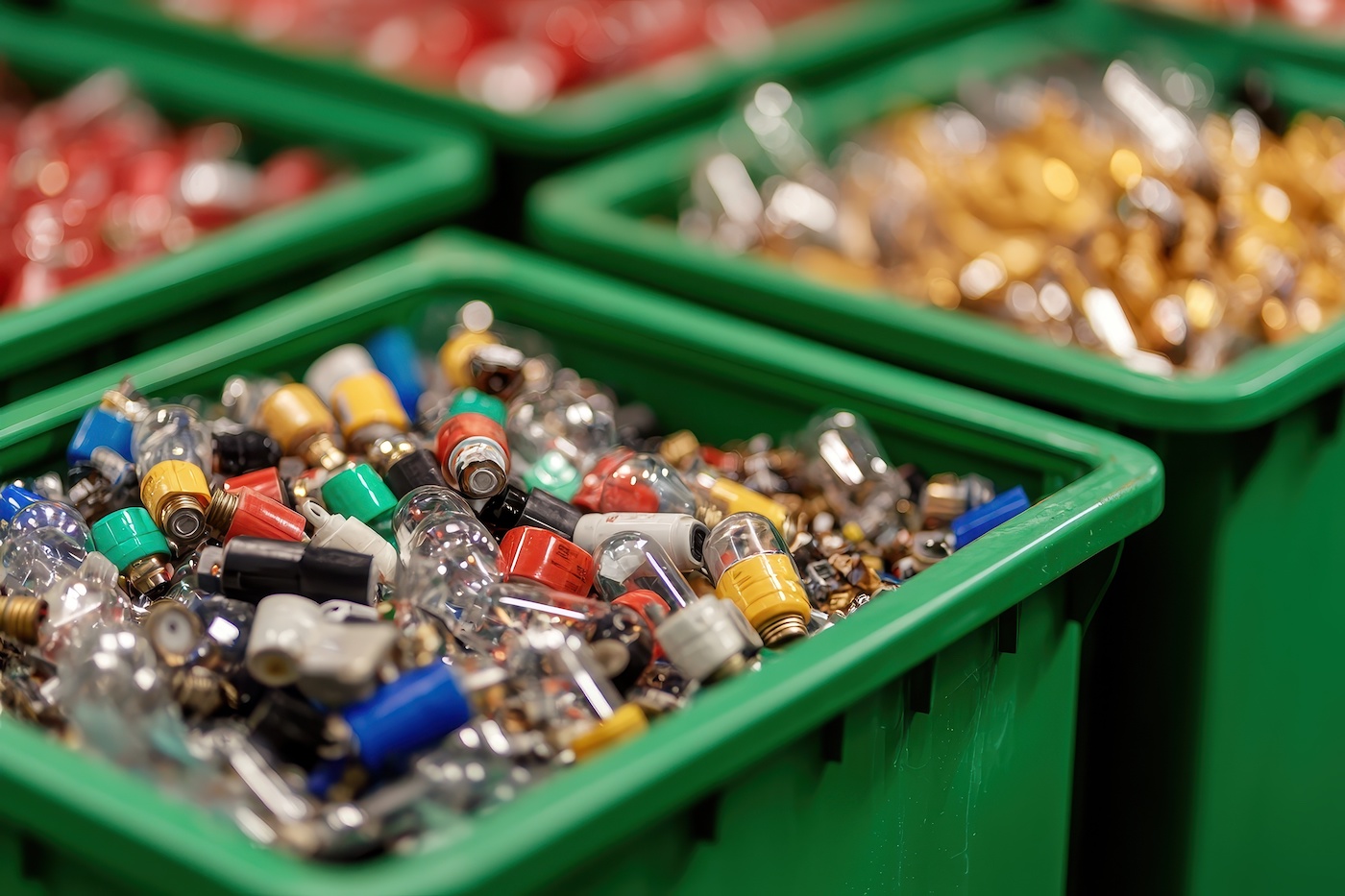 Tas d’ampoules de différentes tailles et formes dans une poubelle verte