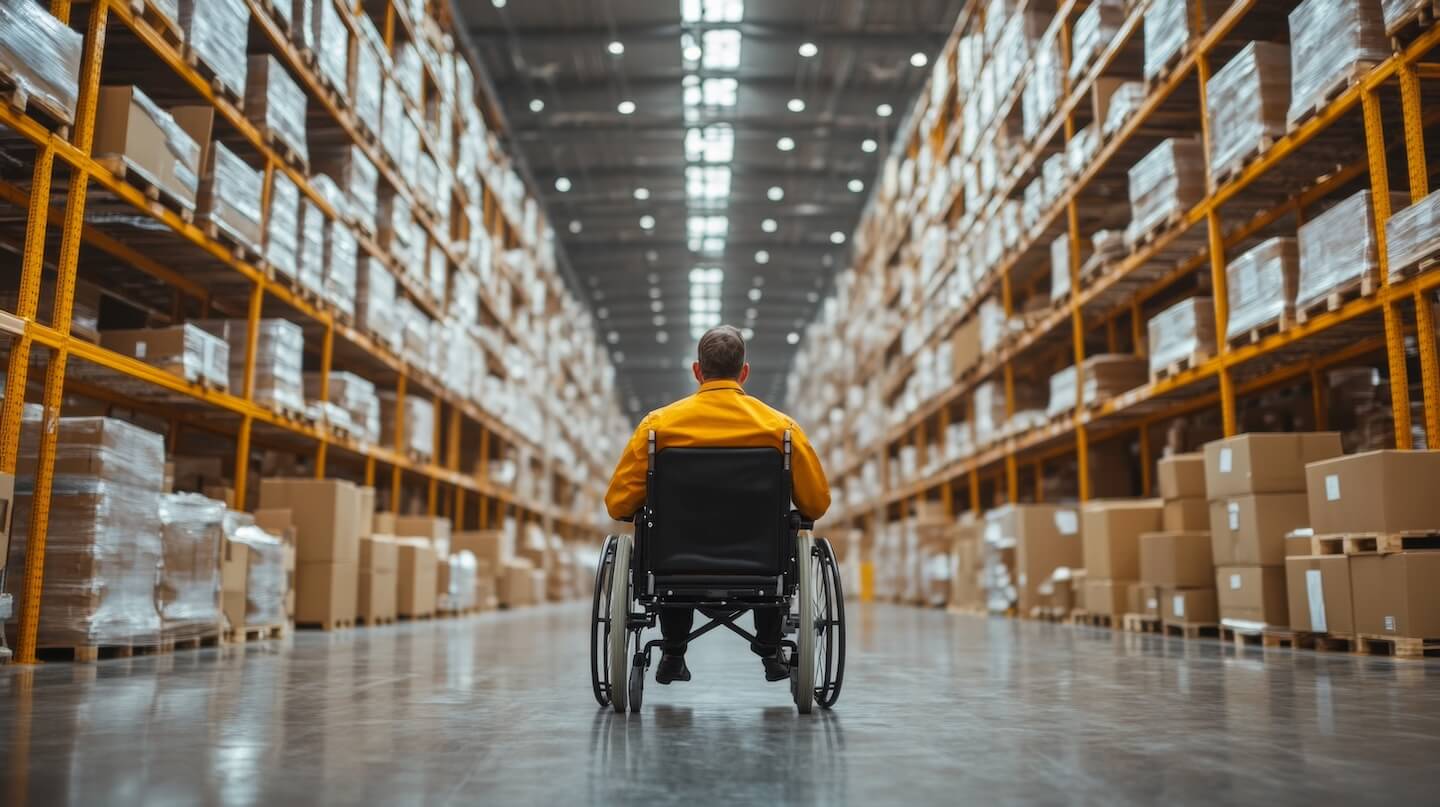 Employé d’usine en fauteuil roulant dans un entrepôt