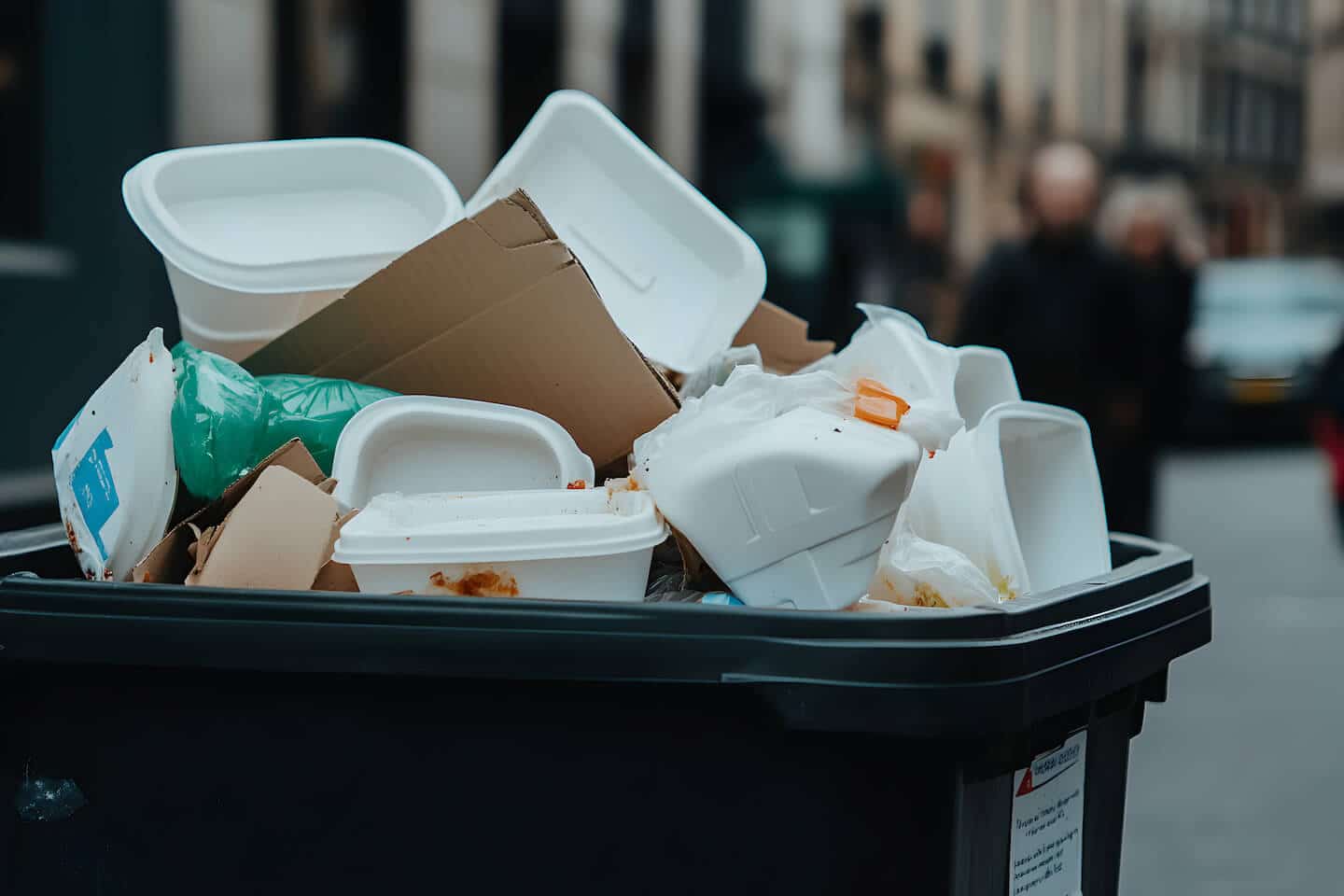 Emballages souillés et cartons dans une poubelle dans la rue